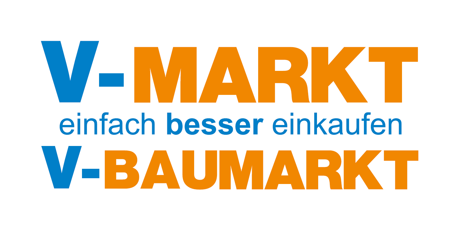 v-Baumarkt Logo mit orangener und blauer Schrift vor weißem Hintergrund